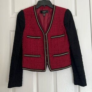 Vintage Tweed Lightweight Blazer maroon Black Gold Chain Embellishment Size XXS